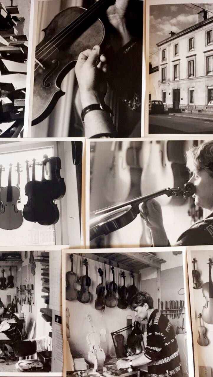 Alain Carbonare vérifiant l’alignement d’un violon dans son atelier de Mirecourt