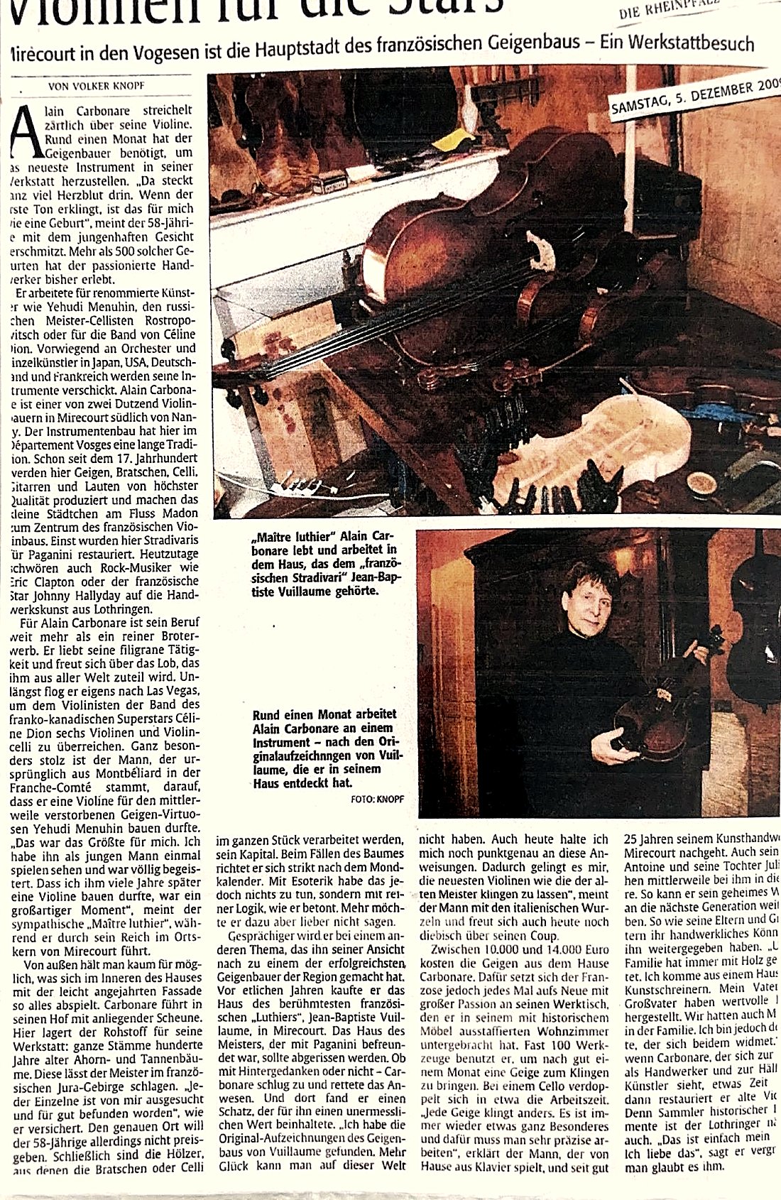 Article « Violinen für die Stars », Die Rheinpfalz, 2009