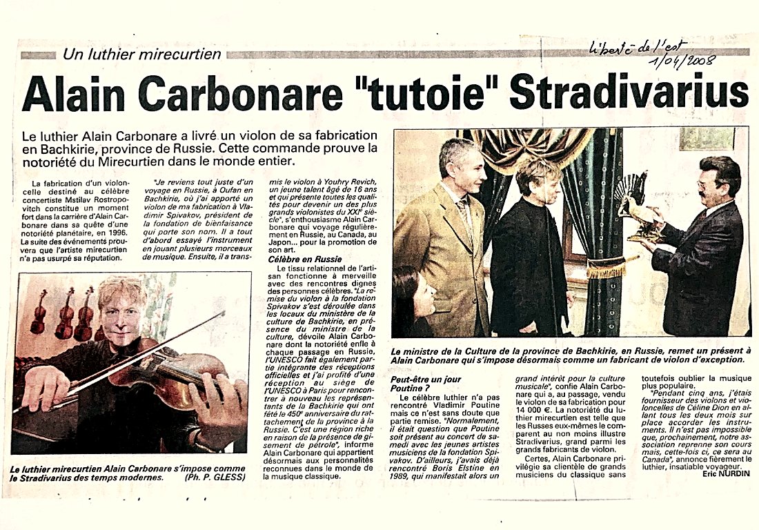 Article « Alain Carbonare tutoie Stradivarius », Liberté de l’Est, 2008