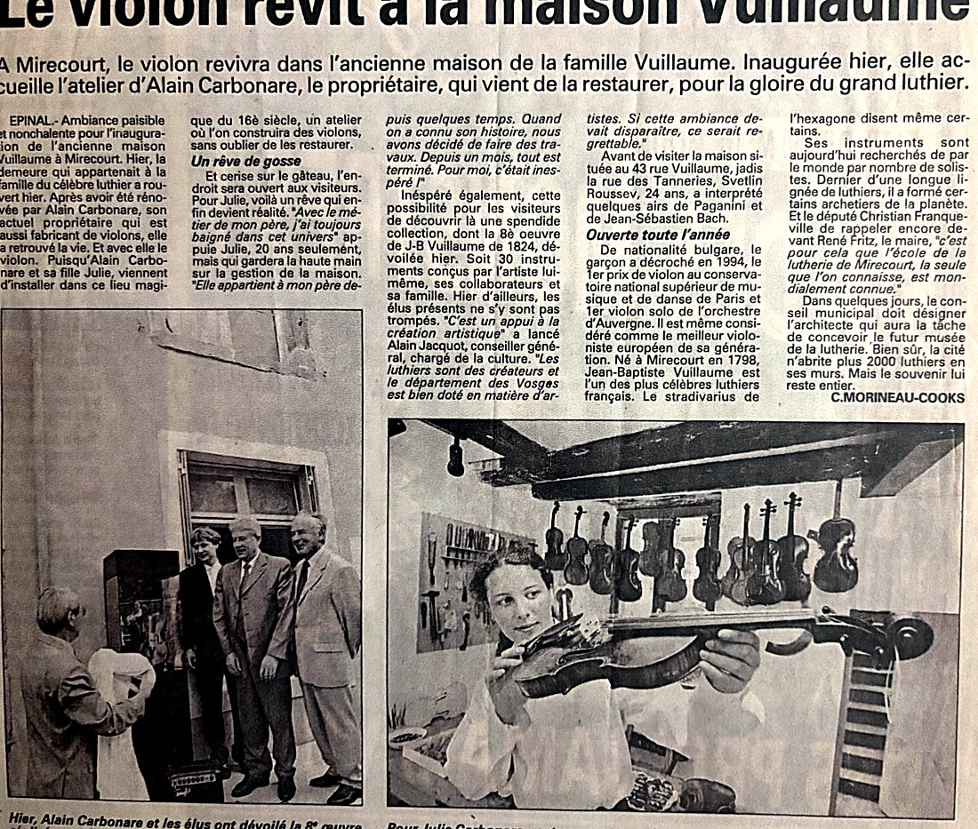 Article « Le violon revit à la maison Vuillaume » : inauguration de l’atelier d’Alain Carbonare dans la maison de Jean-Baptiste Vuillaume